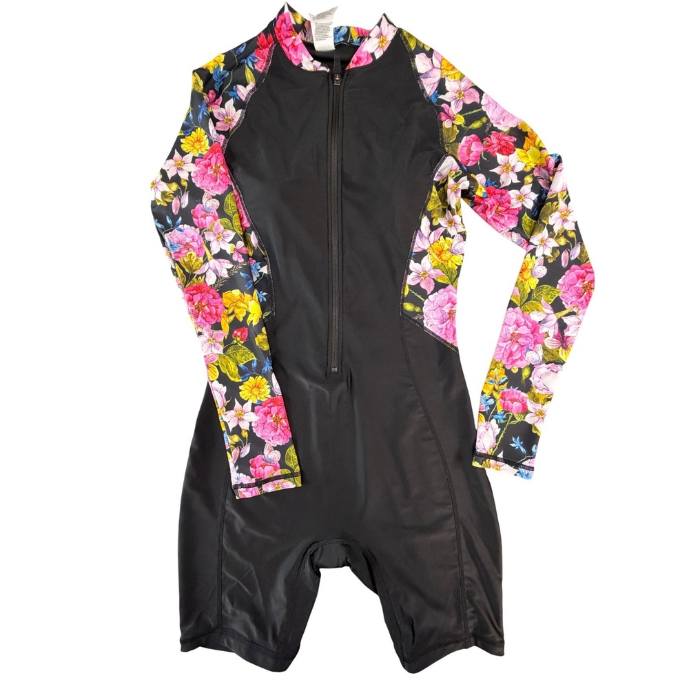 Halcurt Womens‎ Long Sleeve Floral Rash Guard One Piece Swimsuit Black Small S